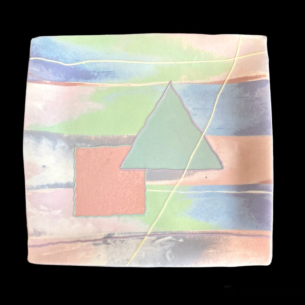 Vintage Studio Pottery Artist Signed Kamrass Ceramic Square Plate Abstract 80s